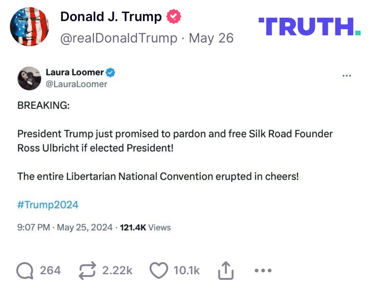 Trump posted Loomer’s tweet on Ross Ulbright pardon announcement