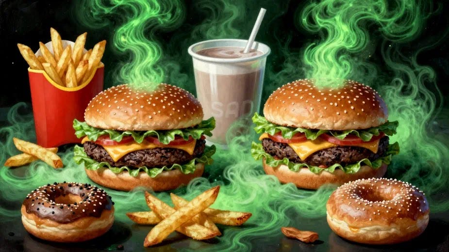 The SAD Standard American Diet a cheeseburger, fries, a malt, donuts and other fried foods.