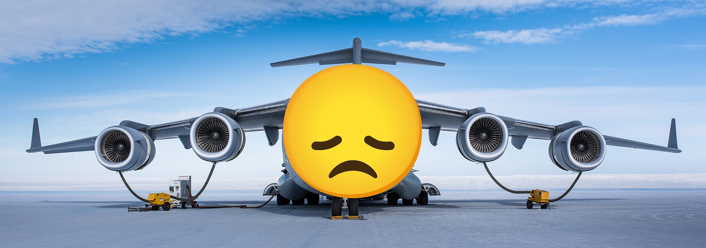 A C-17 aircraft with a disappointed face emoji superimposed over it