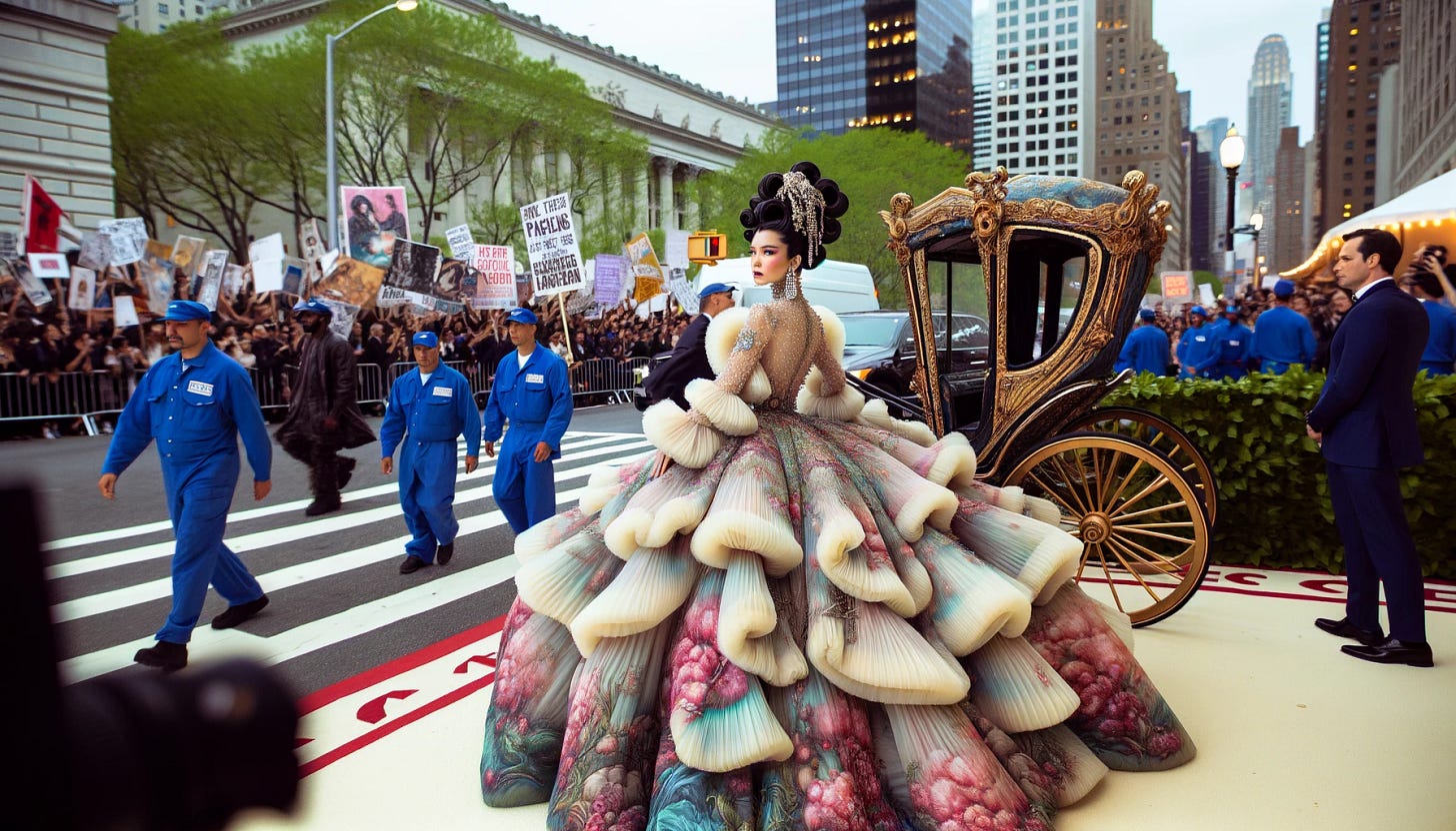 A scene depicting a high-fashion lady at the Met Gala, riding in a traditional pulled rickshaw. She is adorned in an extravagant, avant-garde outfit, featuring a voluminous, multi-layered gown with elaborate detailing and vibrant colors. Her hairstyle is sophisticated, styled in an updo with intricate designs. The background shows a group of blue-collar workers in a city street, holding protest signs and banners, expressing their discontent. The contrast between the luxurious fashion and the protest emphasizes a social commentary. The setting is an urban landscape with modern buildings and streets.