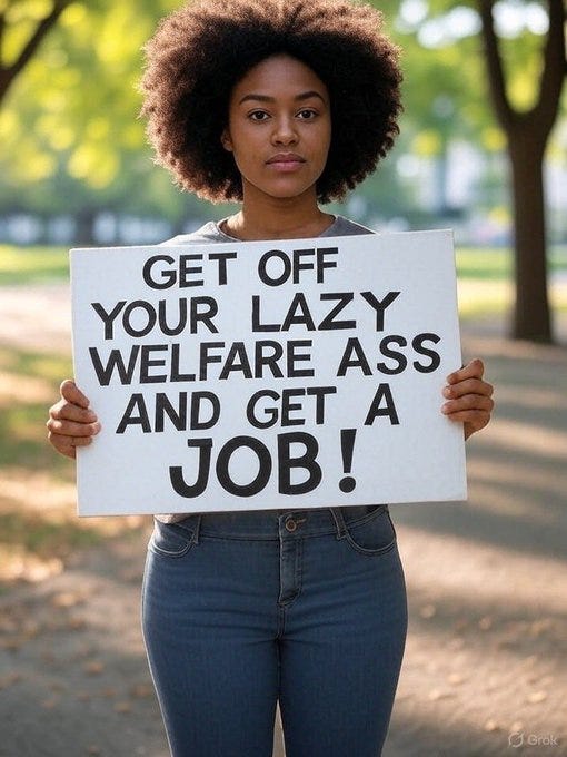 The image shows a young woman standing outdoors holding a sign that reads "GET OFF YOUR LAZY WELFARE ASS AND GET A JOB!". The background is a park-like setting with trees and a pathway. The context from the post text indicates that this image is related to a discussion about welfare and food stamps, specifically criticizing the use of EBT food stamps to purchase junk food. The woman's expression is serious, and the sign she holds is a direct commentary on the welfare system and employment. There are no visible watermarks from social media platforms.