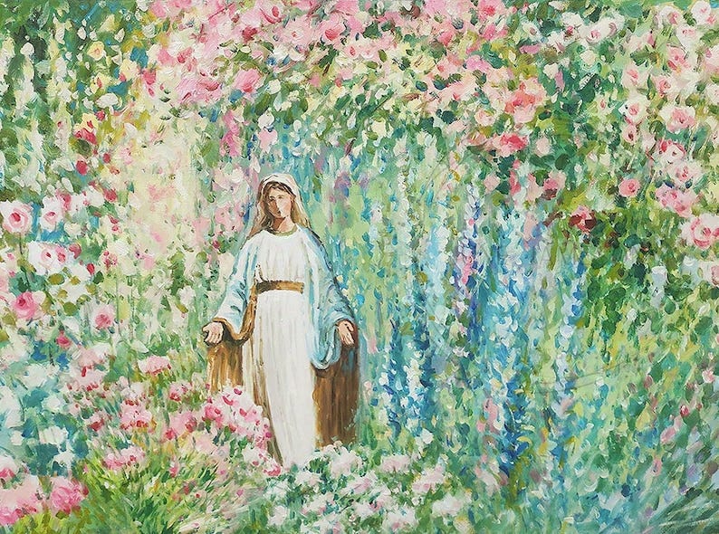 May include: A painting of a woman in a white dress and blue robe standing in a garden with pink and blue flowers.