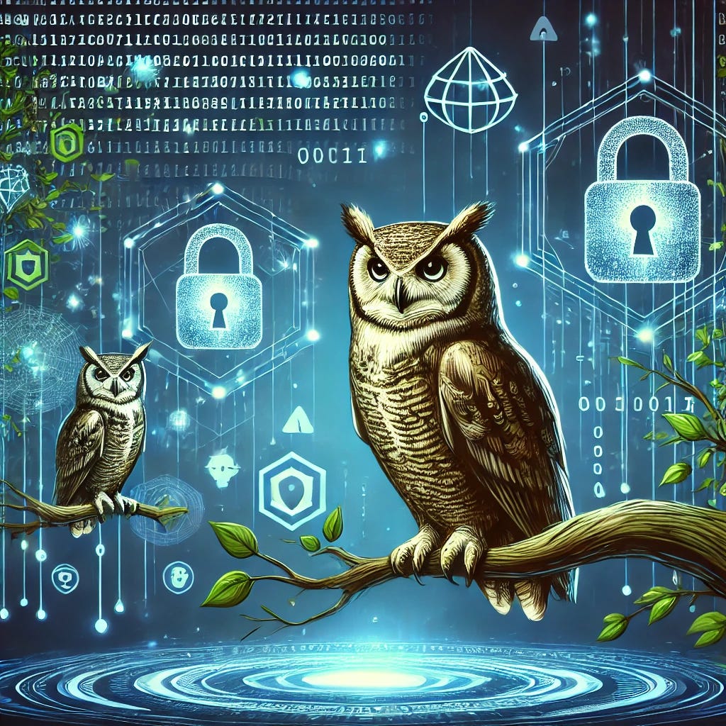 An illustration featuring a secure, digital environment with code symbols floating around, and a wise owl perched on a branch in the foreground. The scene is focused on cybersecurity, with shades of blue and green representing security and trust. The owl adds a sense of wisdom and guidance to the atmosphere, watching over the digital symbols.