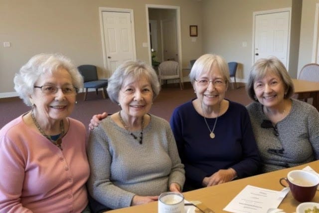 Senior Support Group Four older women smiling at a table during a senior support group for mental health and substance abuse