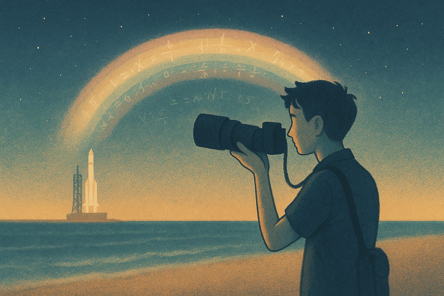 Man pointing camera to launch pad with rocket and a rainbow with math equations over it