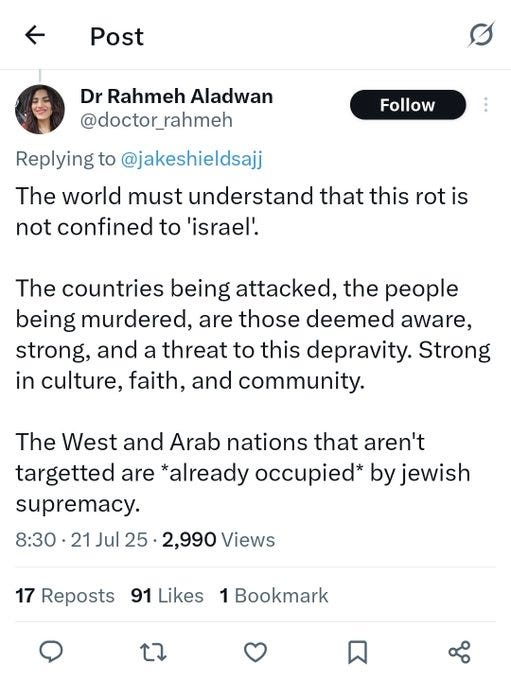 The image is a screenshot of a Twitter (X) post by Dr Rahmeh Aladwan, a medical doctor in the UK, featuring her profile picture and a reply to another user. The profile picture shows a woman, presumably Dr Aladwan, with dark hair, wearing a headscarf, against a plain background. The post text, visible in the image, contains controversial statements about Israel, Palestinian resistance, and Jewish expulsion, sparking debate. The layout includes typical Twitter elements like the user handle (@doctorrahmeh), timestamp (8:30 - 21 Jul), view count (2,990), likes (91), and reply options, with no platform watermarks other than X\'s interface. The context from the reply post by @vampywitchy highlights concerns about Dr Aladwan\'s views and calls for action against her medical practice, adding tension to the image\'s significance.