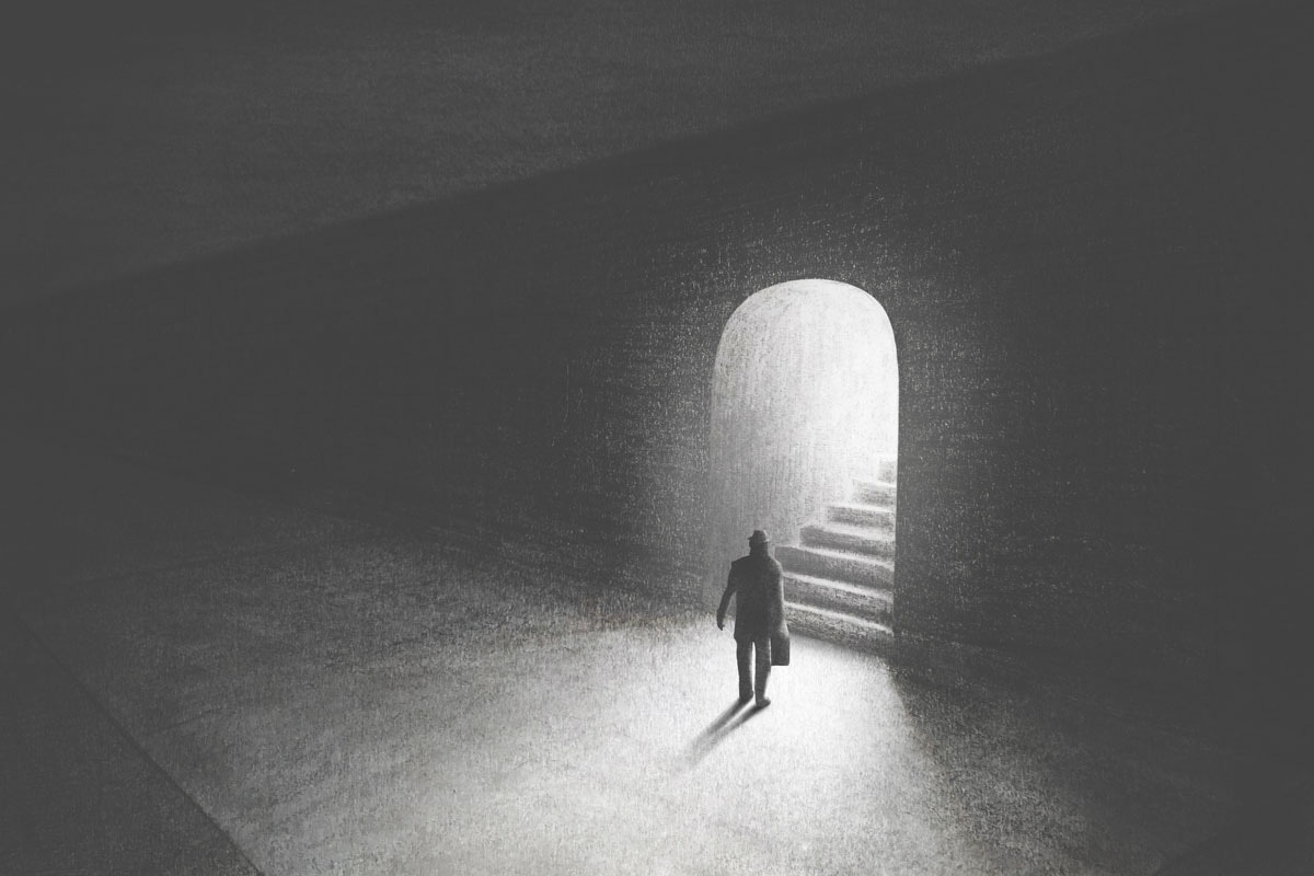 Remembering Gerard Van der Leun: Man with Suitcase Preparing to Ascend a Lit Stairwell from the Darkness