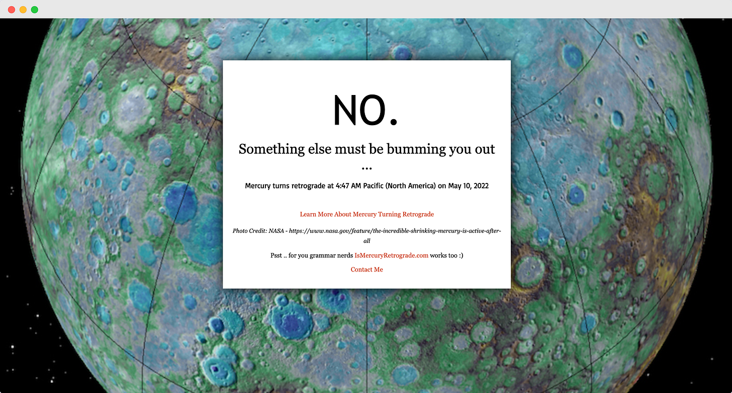 Screenshot of www.ismercuryinretrograde.com