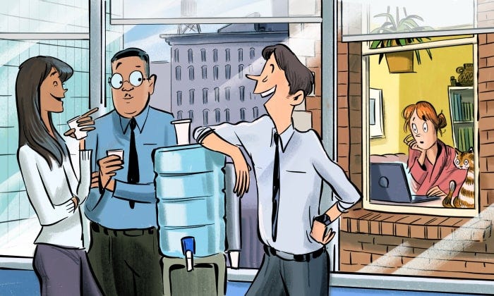 Coworkers at a water cooler, with a woman working from home looking wistfully at them through a window.