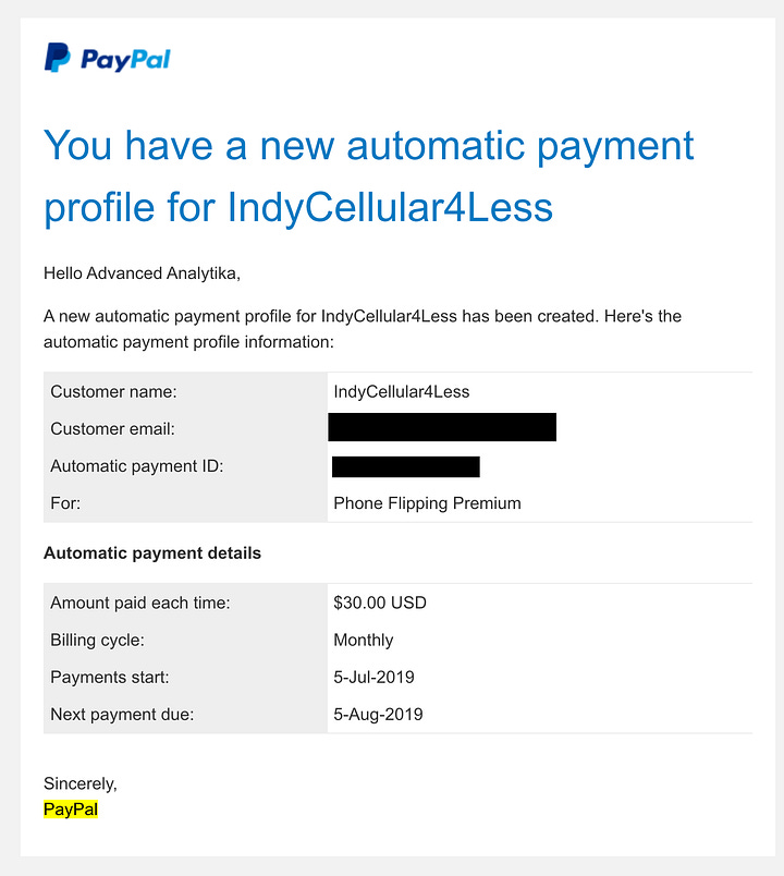 PayPal monthly payment email notifications.