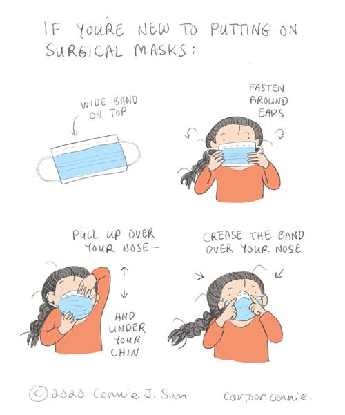 Illustration on how to wear a face mask comics, sketchbook, illustration, nyc scene, trader joe's, pandemic diary about how to wear a face mask, visual diary, connie sun, cartoonconnie
