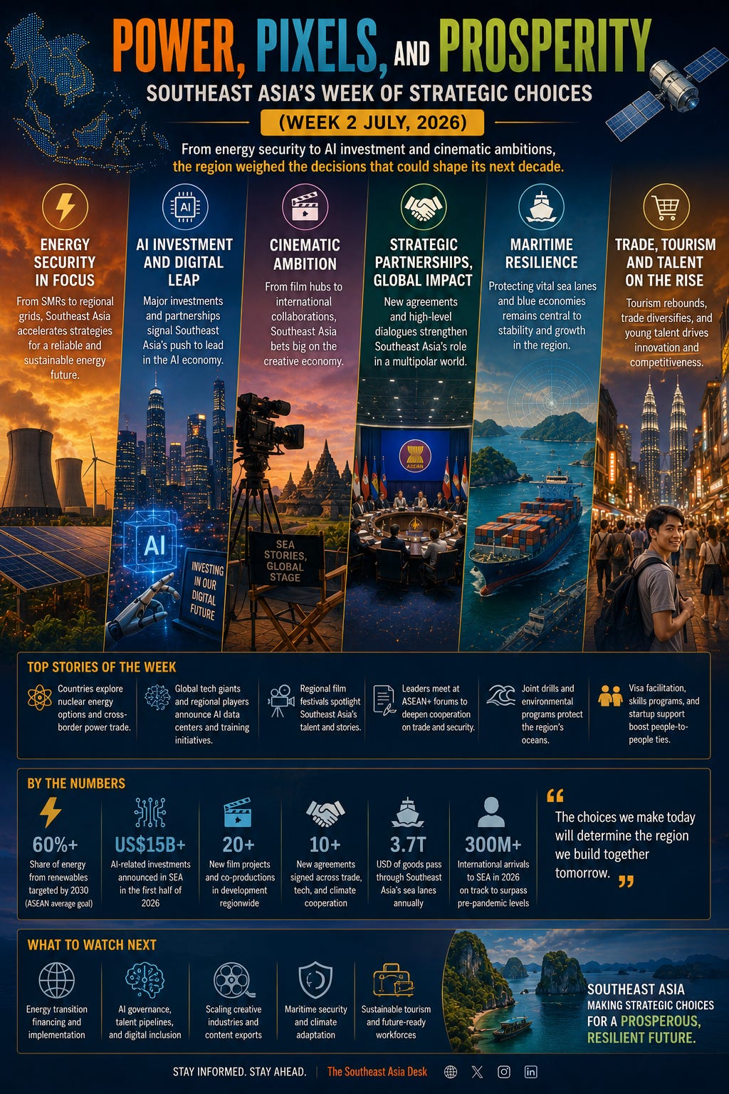 An infographic poster titled "POWER, PIXELS, AND PROSPERITY: SOUTHEAST ASIA’S WEEK OF STRATEGIC CHOICES (WEEK 2 JULY, 2026)" from The Southeast Asia Desk. The file 4a2b4225-b276-44a4-82b7-dc7ae40203e8_1024x1536.webp contains a header map outline of Southeast Asia and a satellite icon. The body is organized into six vertical columns highlighting strategic areas: Energy Security in Focus: Illustrates a nuclear cooling tower and wind turbines against a sunset, representing regional grid strategies and modular reactors. AI Investment and Digital Leap: Features a robotic arm pointing at a glowing "AI" chip graphic over a city skyline, with a sign reading "Investing in our Digital Future." Cinematic Ambition: Shows a professional film camera set up outdoors against a cityscape, with a sign reading "SEA Stories, Global Stage" to highlight the creative economy. Strategic Partnerships, Global Impact: Depicts diplomats seated at a large circular conference table under a glowing ASEAN emblem at a formal summit. Maritime Resilience: Displays a large cargo container ship sailing across the ocean under a strategic radar grid overlay, representing blue economies and shipping lane security. Trade, Tourism and Talent on the Rise: Features a young man with a backpack smiling as he walks through a bustling urban area at night, backed by the illuminated Petronas Twin Towers. The bottom sections include a "Top Stories of the Week" panel, a "By the Numbers" data row showing statistics like over $15 billion in AI-related investments and 3.7 trillion USD of goods passing through regional sea lanes, and a concluding quote: "The choices we make today will determine the region we build together tomorrow." An infographic poster titled "POWER, PIXELS, AND PROSPERITY: SOUTHEAST ASIA’S WEEK OF STRATEGIC CHOICES (WEEK 2 JULY, 2026)" from The Southeast Asia Desk. The file 4a2b4225-b276-44a4-82b7-dc7ae40203e8_1024x1536.webp contains a header map outline of Southeast Asia and a satellite icon. The body is organized into six vertical columns highlighting strategic areas: Energy Security in Focus: Illustrates a nuclear cooling tower and wind turbines against a sunset, representing regional grid strategies and modular reactors. AI Investment and Digital Leap: Features a robotic arm pointing at a glowing "AI" chip graphic over a city skyline, with a sign reading "Investing in our Digital Future." Cinematic Ambition: Shows a professional film camera set up outdoors against a cityscape, with a sign reading "SEA Stories, Global Stage" to highlight the creative economy. Strategic Partnerships, Global Impact: Depicts diplomats seated at a large circular conference table under a glowing ASEAN emblem at a formal summit. Maritime Resilience: Displays a large cargo container ship sailing across the ocean under a strategic radar grid overlay, representing blue economies and shipping lane security. Trade, Tourism and Talent on the Rise: Features a young man with a backpack smiling as he walks through a bustling urban area at night, backed by the illuminated Petronas Twin Towers. The bottom sections include a "Top Stories of the Week" panel, a "By the Numbers" data row showing statistics like over $15 billion in AI-related investments and 3.7 trillion USD of goods passing through regional sea lanes, and a concluding quote: "The choices we make today will determine the region we build together tomorrow."