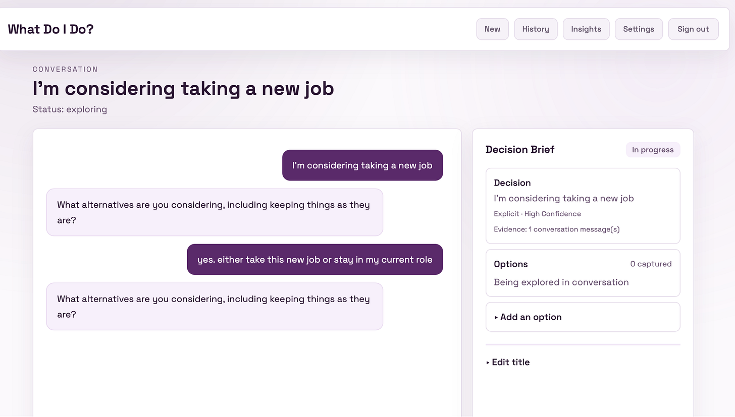 Screenshot of a decision-making interface discussing job considerations, displaying a conversation about exploring new job options.