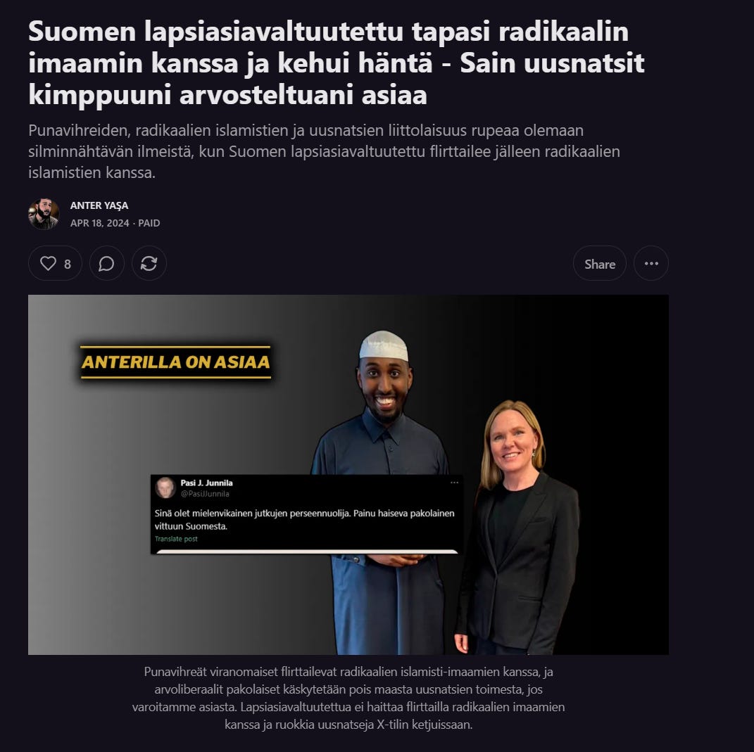 Lapsiasiavaltuutettu Elina Pekkarinen on herättänyt kritiikkiä jakamalla ohjeita ramadanin paastoamisesta lapsille ja korostamalla “kulttuurista herkkyyttä” muslimiperheissä. Hän on myös flirttailut mitä ilmeisimpien ISIS-ideologiaa edustavien hyrbidivaikuttavien imaamien kanssa.