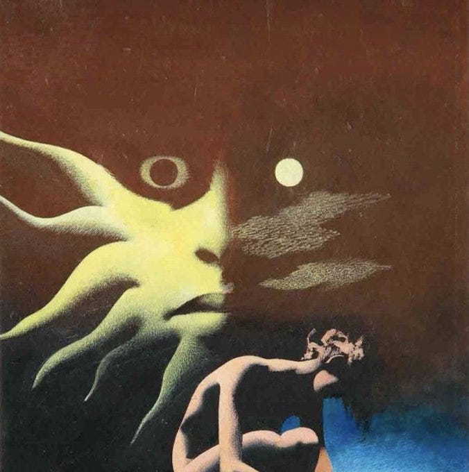 A surreal composition in warm and cool tones shows a massive greenish-yellow face with elongated tentacle protrusions extending from the sides and top, featuring large bulging eyes one of which resembles a moon, and a downturned mouth. The face overlaps and partially engulfs a smaller pale nude human figure curled in a fetal-like pose with arms hugging the knees and head bowed. The background transitions from dark reddish-brown at the top to deep blue at the bottom suggesting depth and emergence from shadow.