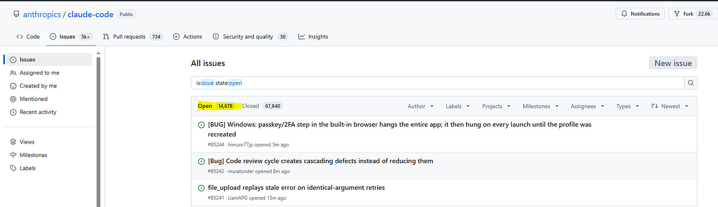 Screengrab of Anthropics github repo, showing 14k+ open issues. Screengrab of Anthropics github repo, showing 14k+ open issues.