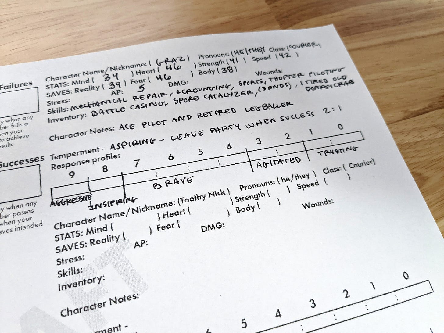 Image of character sheet filled out