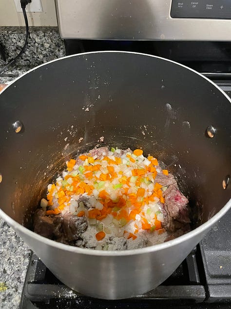 images of 1) the gathered ingredients, 2) the floured meat in a big pot, 3) the added mirepoix, 4) the added herbs and broth, 5) the added vegetables, 6) the completed bowl of stew in a blue ceramic bowl