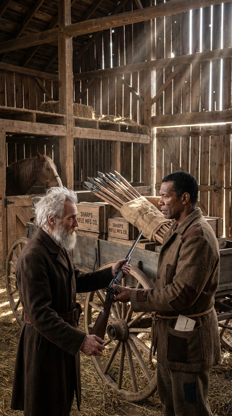 wonderful next in series - IMAGE PROMPT FOR UNIVERSITY HISTORY CLASS REENACTMENT H201 Hyper-realistic photographic image in 9x16 vertical portrait format Interior of a small mid-19th-century timber barn lit by shafts of midmorning autumn sun_image_1