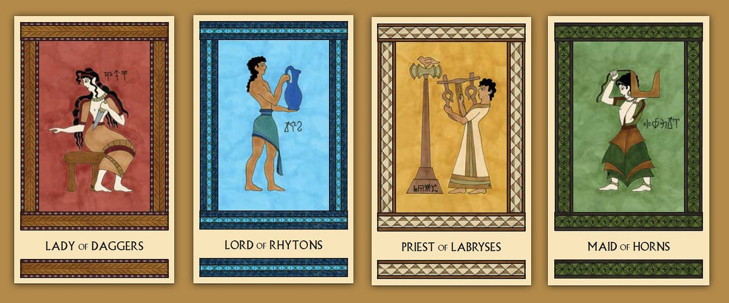 Four Minoan Tarot face cards in a row on a tan background. From left to right they are the Lady of Daggers (in shades of red and tan, showing a seated Minoan woman turned to the left and holding a dagger), the Lord of Rhytons (in shades of blue, showing a standing Minoan man facing right and holding up a large pitcher), the Priest of Labryses (in shades of gold and cream, showing a standing Minoan man facing left, holding a lyre, with a tall labrys in front of him) and the Maid of Horns (in shades of green and brown, showing a Minoan girl standing, facing left, carrying a large pair of sacred horns on her shoulder).