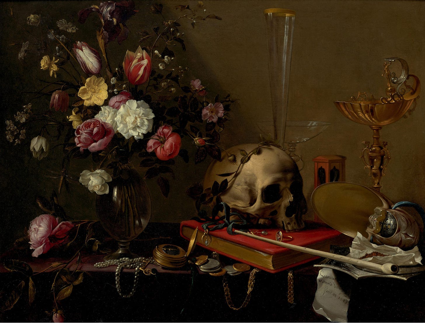 A skull beside a full bouquet and a bubble A skull beside a full bouquet and a bubble