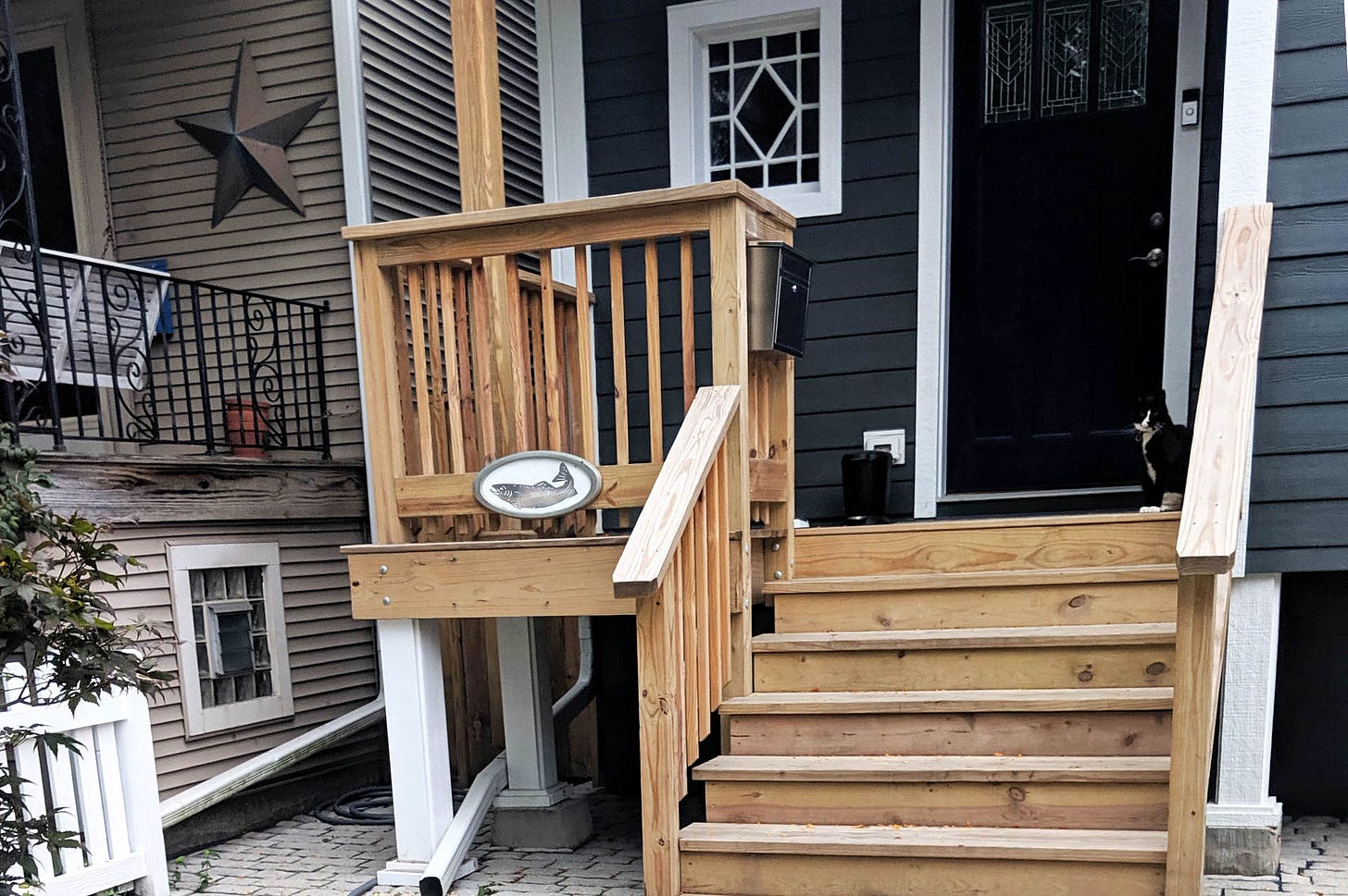 A black and white cat sits sneakily on new wooden stairs in front of a blue house