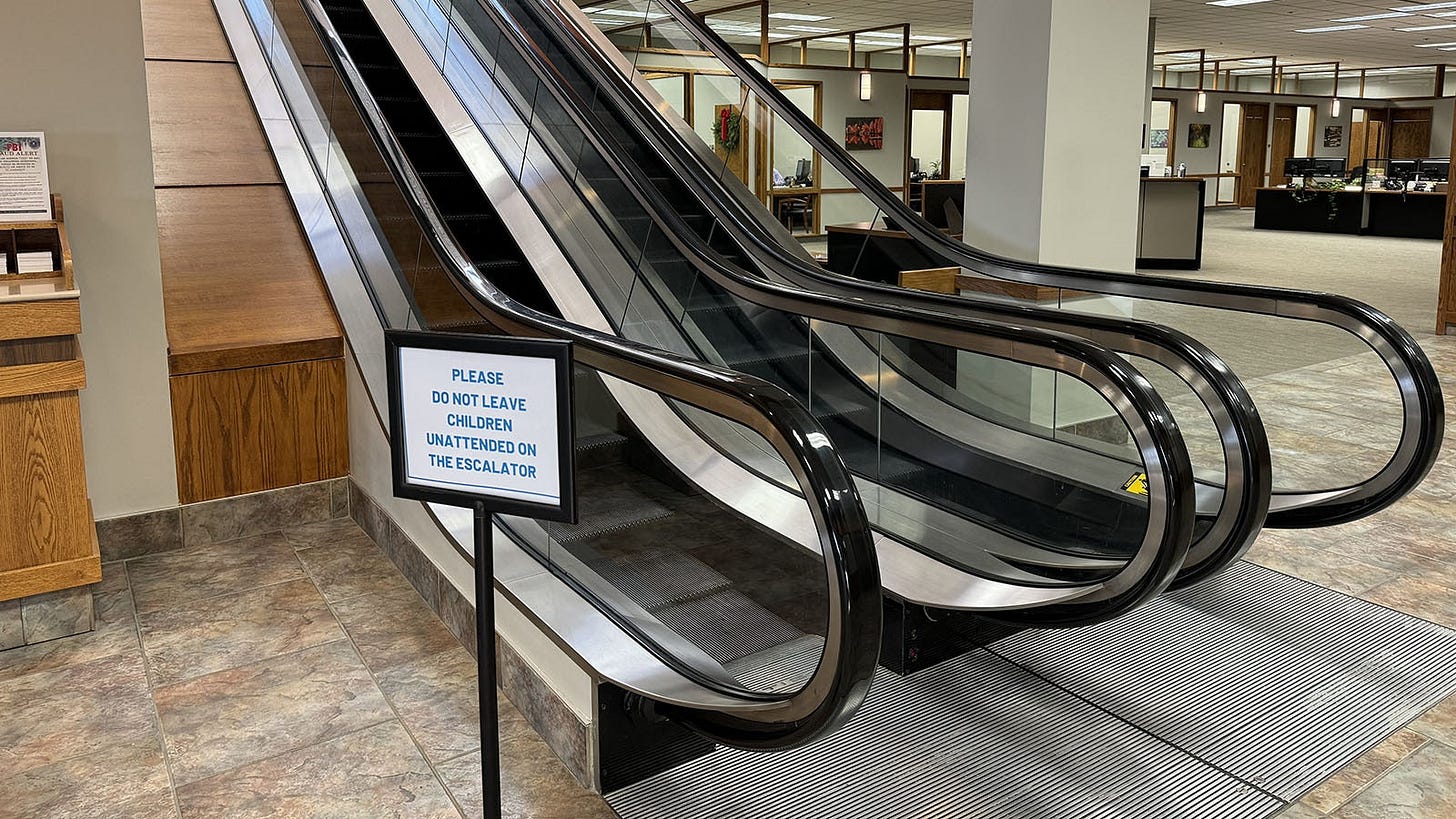 The escalators in the main branch of Hilltop Bank in Casper. These escalators (the most recently built in Wyoming) were installed when the bank building opened in 1979.