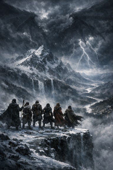 Storm‑crowned mountain cliff vision