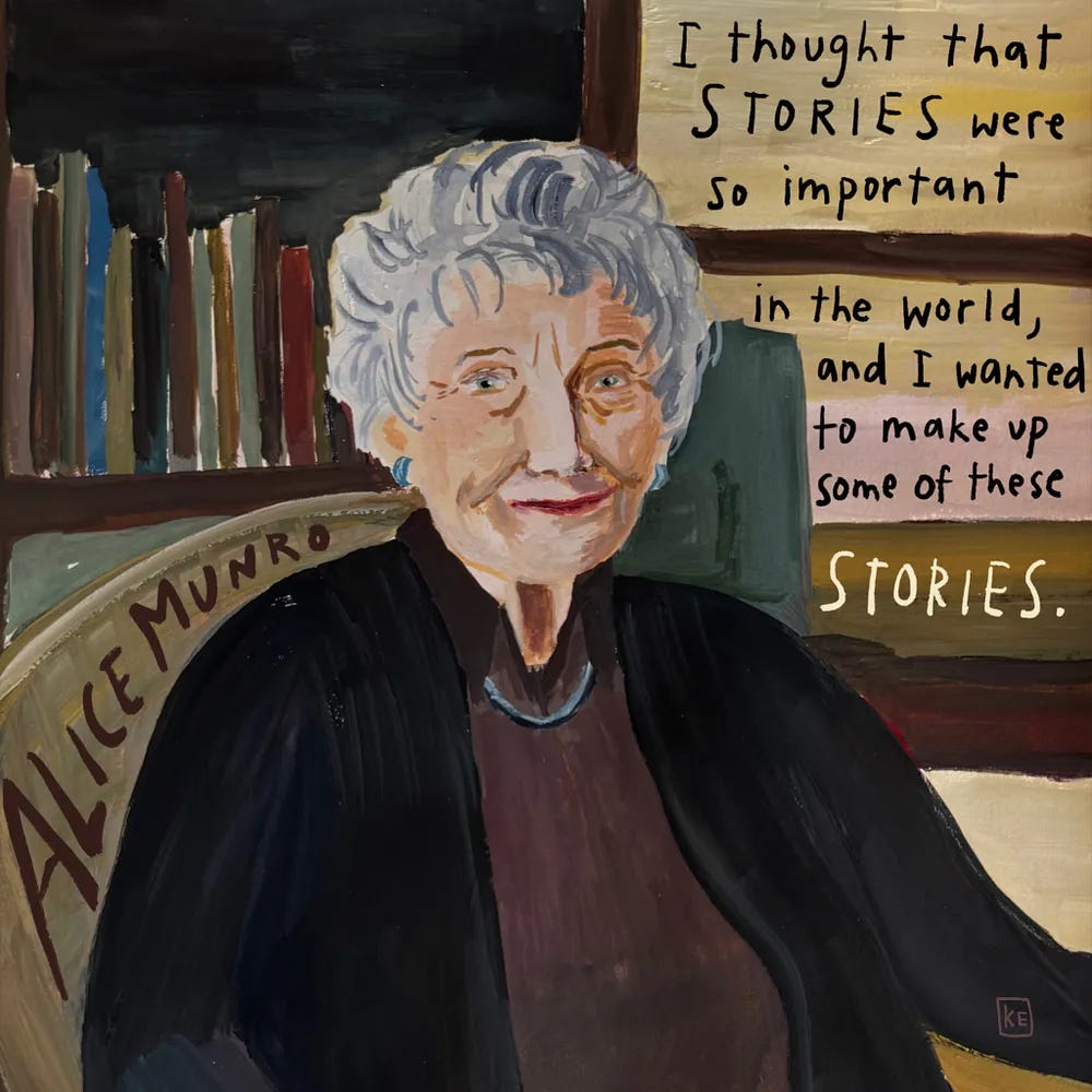 Gouache portrait of Alice Munro seated