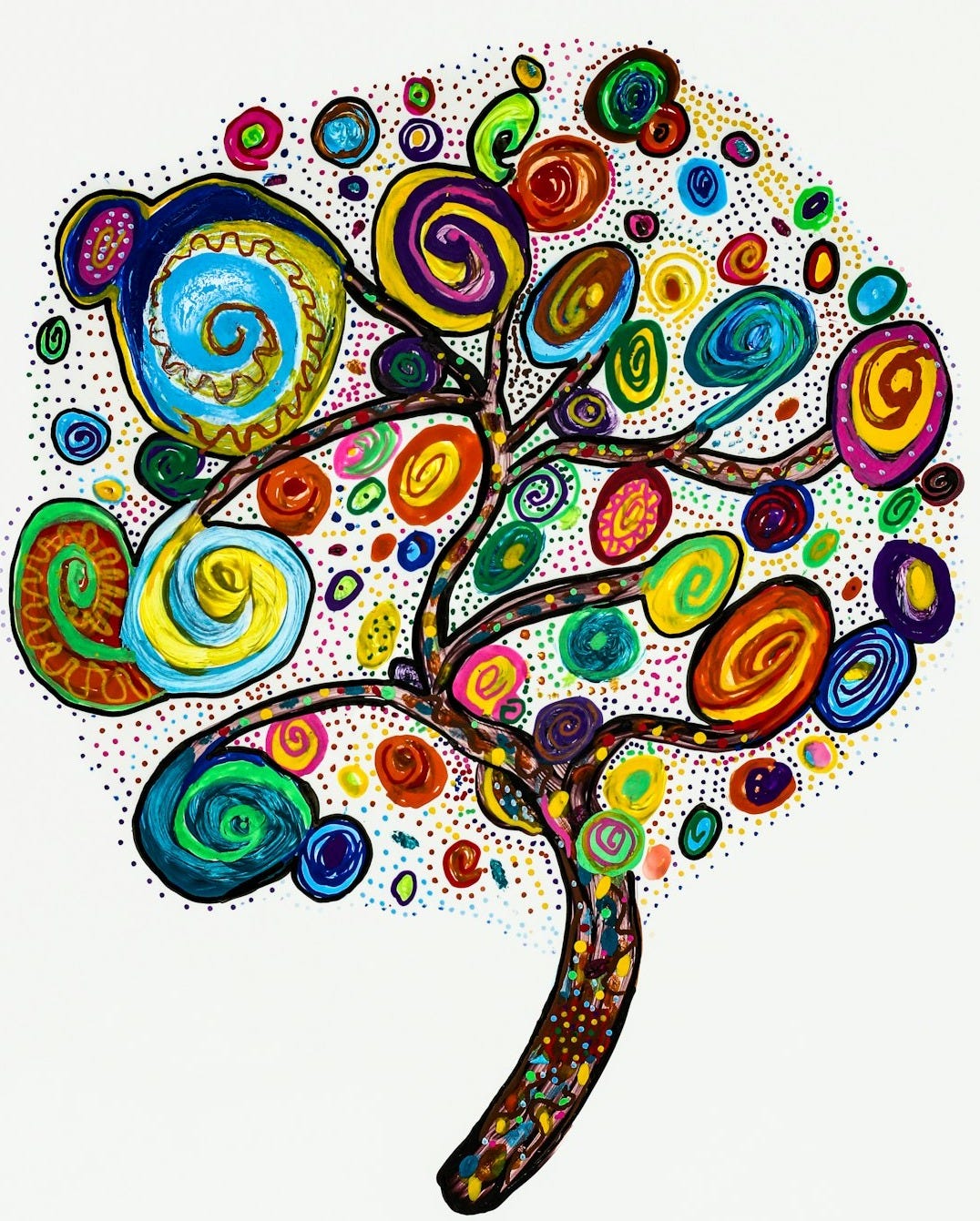 A colorful tree with swirly, round leaves.
