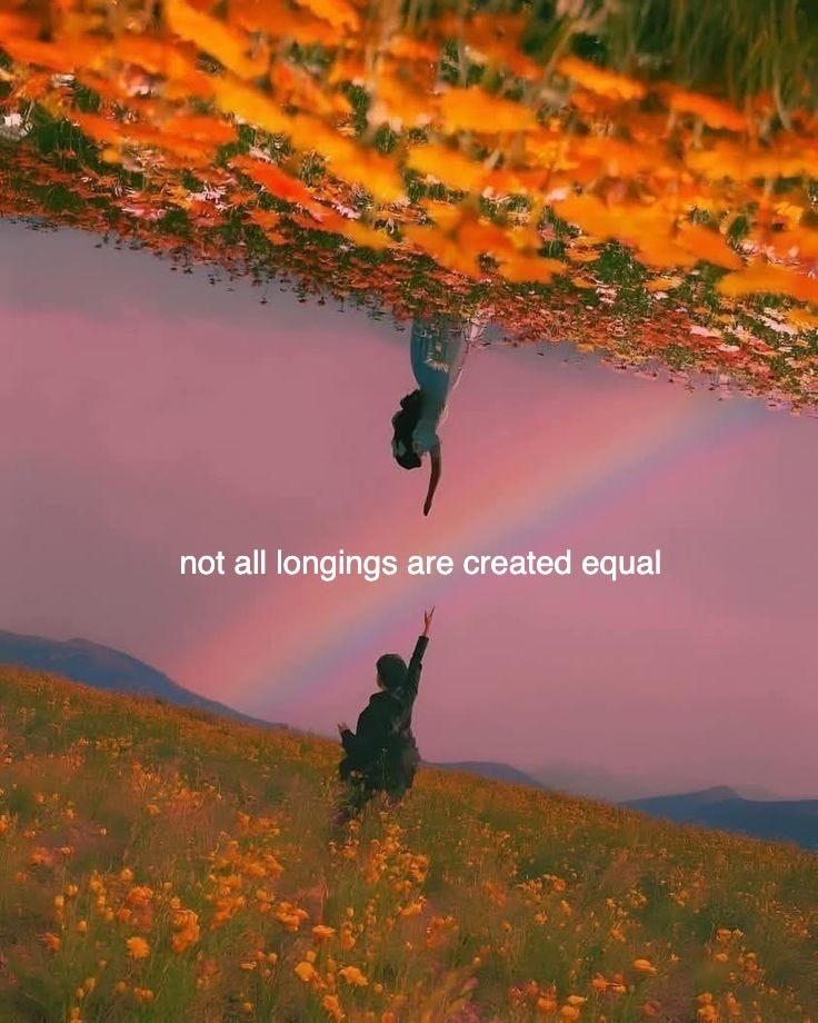 This may contain: two people are standing in a field with a rainbow above them and one person is reaching up to the sky