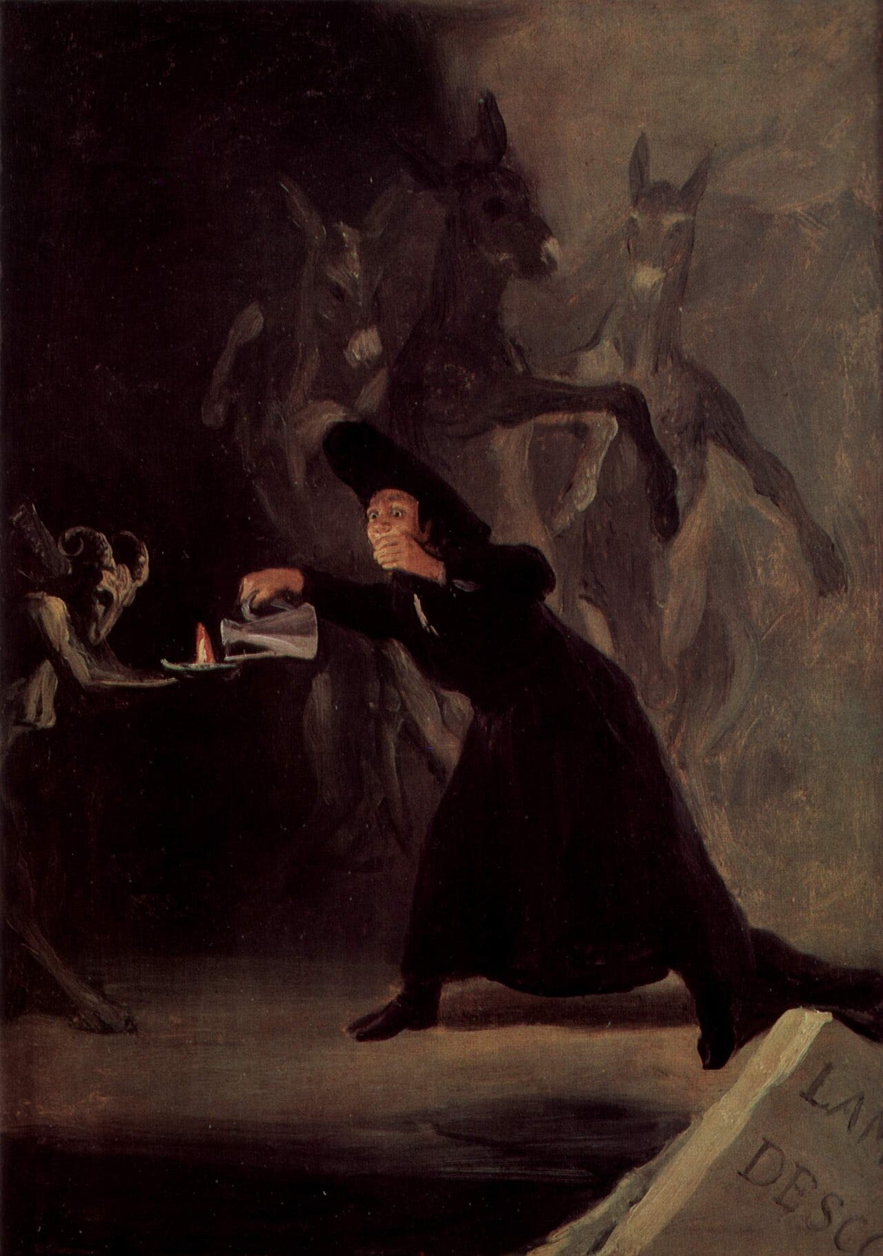 Goya's small canvas: a priest in black with a hand to his mouth pouring oil into a lamp shaped like a ram, dancing donkeys on the dark wall behind