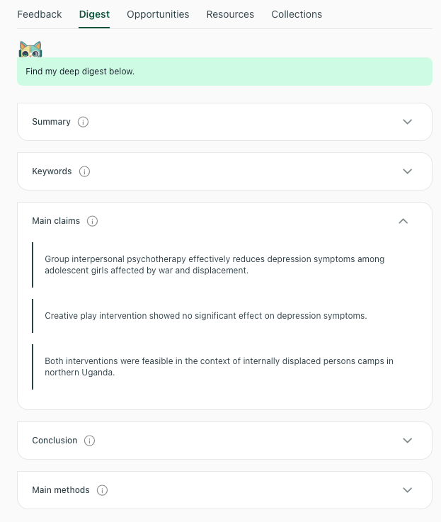 PaperDigest Digest Tab Showing Main claims PaperDigest interface with the Digest tab selected and the Main claims section expanded, showing extracted claims in a list.