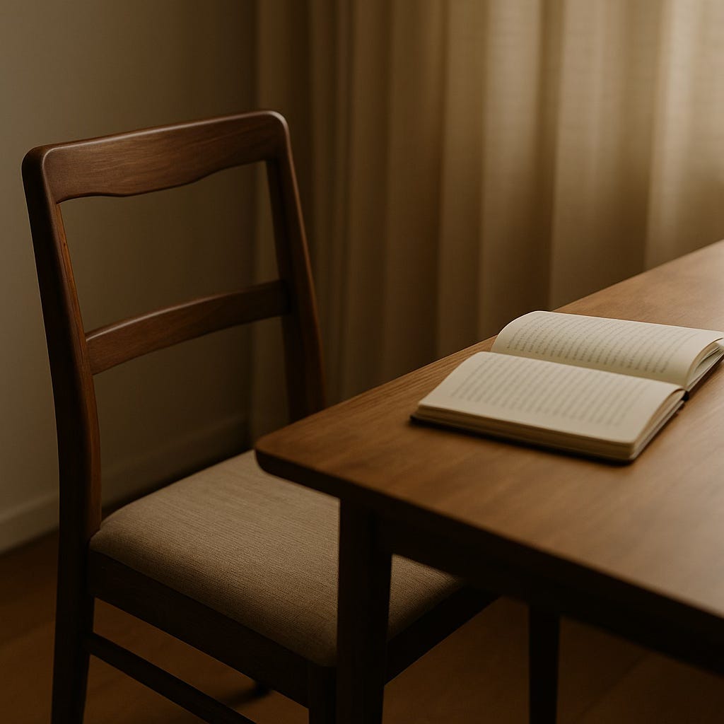 A quiet wooden chair beside a sunlit table holding an open book, with soft curtains in the background.