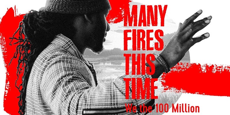 The pomotional event poster for 'Many Fires This Time,' featuring the poet A Cribe Called Quess against a white background with red paint smeared around, and the movie title in front.