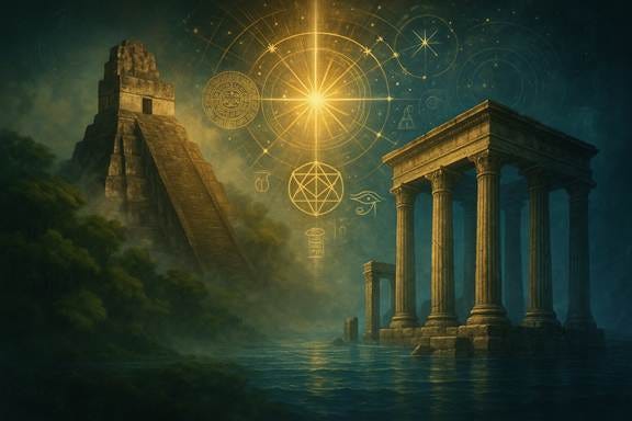 Create a mystical and scholarly featured image for an article about Atlantis and Maya connections in Guatemala. Show a dramatic composition with a Maya pyramid temple (like Tikal) emerging from jungle mist on one side, and on the other side show ancient Atlantean architecture with classical columns partially submerged in water. In the center, create a cosmic connection with golden light rays, ancient astronomical symbols, and star alignments connecting both civilizations. Include subtle elements like the Plato's geometric patterns, Maya calendar symbols, and Egyptian hieroglyphs floating in the ethereal space between them. Use a palette of deep blues for water/ocean, emerald greens for jungle, golden yellows for divine light, and ancient stone colors. The overall mood should be mysterious, academic, and awe-inspiring, suggesting ancient wisdom and lost civilizations. Style should be photorealistic with mystical/fantasy elements. Create a mystical and scholarly featured image for an article about Atlantis and Maya connections in Guatemala. Show a dramatic composition with a Maya pyramid temple (like Tikal) emerging from jungle mist on one side, and on the other side show ancient Atlantean architecture with classical columns partially submerged in water. In the center, create a cosmic connection with golden light rays, ancient astronomical symbols, and star alignments connecting both civilizations. Include subtle elements like the Plato's geometric patterns, Maya calendar symbols, and Egyptian hieroglyphs floating in the ethereal space between them. Use a palette of deep blues for water/ocean, emerald greens for jungle, golden yellows for divine light, and ancient stone colors. The overall mood should be mysterious, academic, and awe-inspiring, suggesting ancient wisdom and lost civilizations. Style should be photorealistic with mystical/fantasy elements.