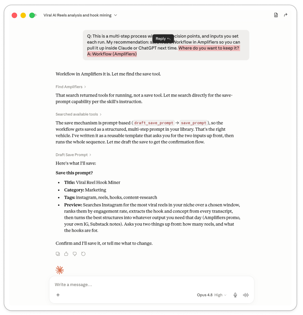 The conversation-to-workflow skill asking where to save the finished workflow, then drafting it as a saved prompt in the Amplifiers library with a title, category, tags, and preview.