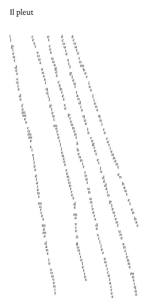 a poem by guillaume apollinaire

it's shaped like rain (the lines are vertical and slanted)

the text in french:
Il pleut des voix de femmes comme si elles
étaient mortes même dans le souvenir
c'est vous aussi qu'il pleut merveilleuses
rencontres de ma vie ô gouttelettes
et ces nuages cabrés se prennent à hennir
tout un univers de villes auriculaires
écoute s'il pleut tandis que le regret et
le dédain pleurent une ancienne musique
écoute tomber les liens qui te retiennent
en haut et en bas