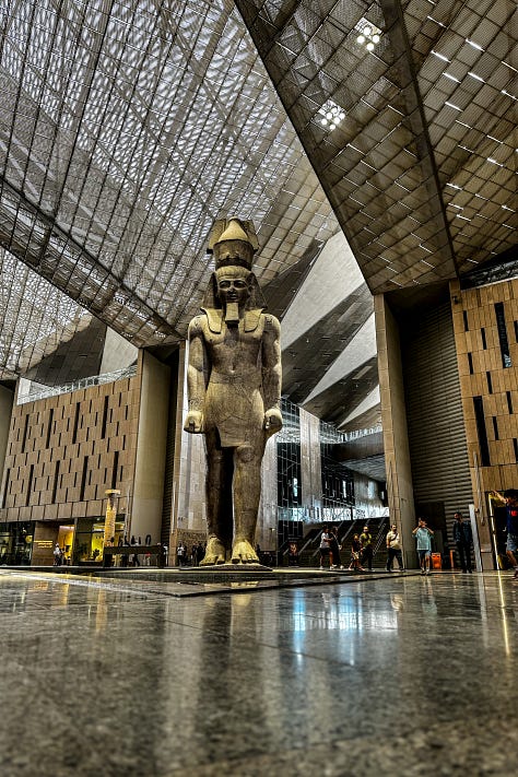 CFW Scenes: Nile views from Fairmont Nile City, Pharaoh Ramses II at Grand Egyptian Museum, Zooba maze spread, Koshari, Karime Lopez Purple Corn Todtada, Pyramids of Giza, Crème Caramel & Orzo Pasta & Two men driving through Nile City