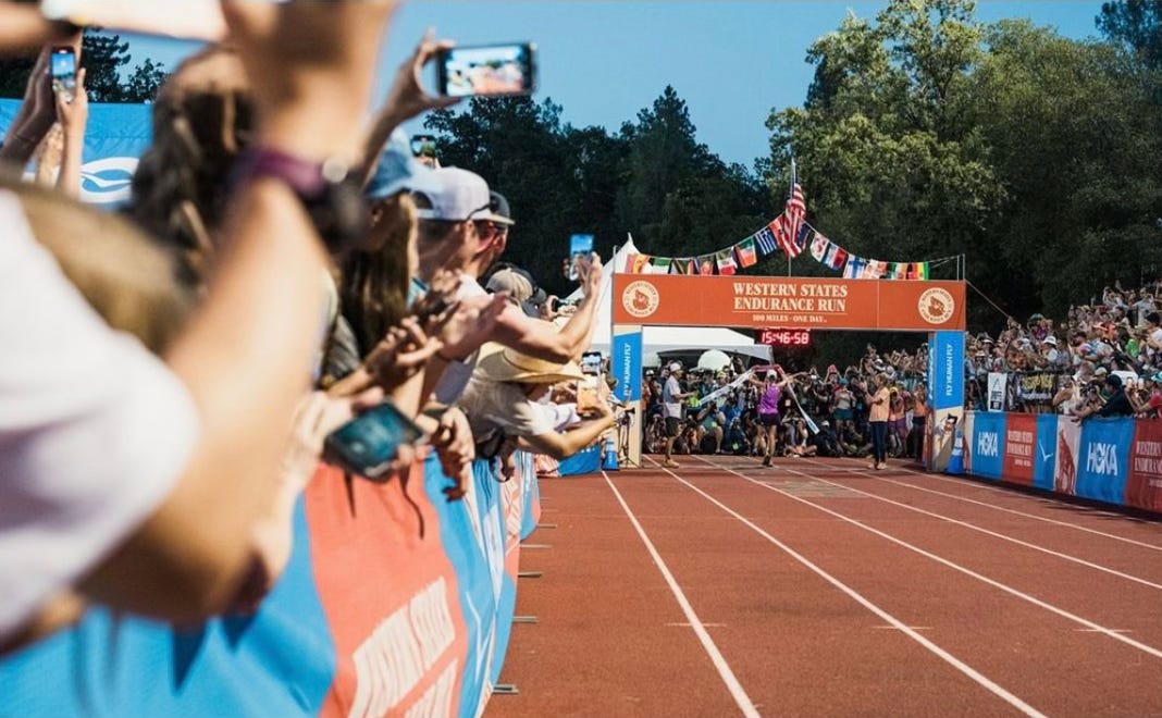 Katie Schide crossing the finish line of the Western States Endurance Run 2024 Katie Schide crossing the finish line of the Western States Endurance Run 2024