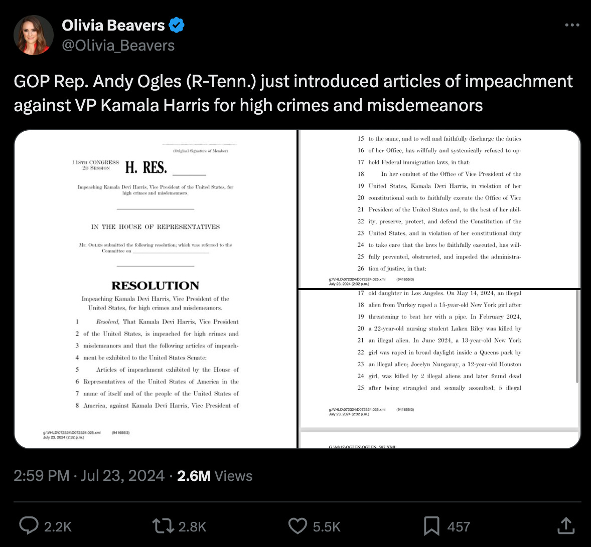 GOP Rep. Andy Ogles (R-Tenn.) just introduced articles of impeachment against VP Kamala Harris for high crimes and misdemeanors GOP Rep. Andy Ogles (R-Tenn.) just introduced articles of impeachment against VP Kamala Harris for high crimes and misdemeanors