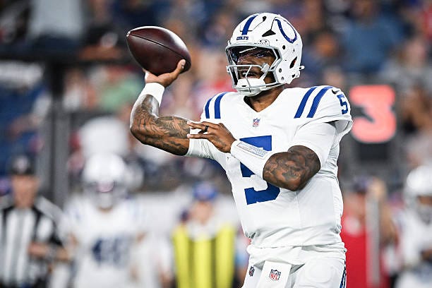 Anthony Richardson Sr. #5 of the Indianapolis Colts passes the ball in the first quarter against the New England Patriots at Gillette Stadium on... Anthony Richardson Sr. #5 of the Indianapolis Colts passes the ball in the first quarter against the New England Patriots at Gillette Stadium on...
