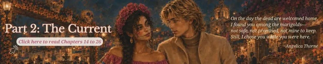 Part 2: The Current banner showing Lucia and Matteo in a candlelit Día de Muertos crowd with a short romantic quote. Part 2: The Current banner showing Lucia and Matteo in a candlelit Día de Muertos crowd with a short romantic quote.