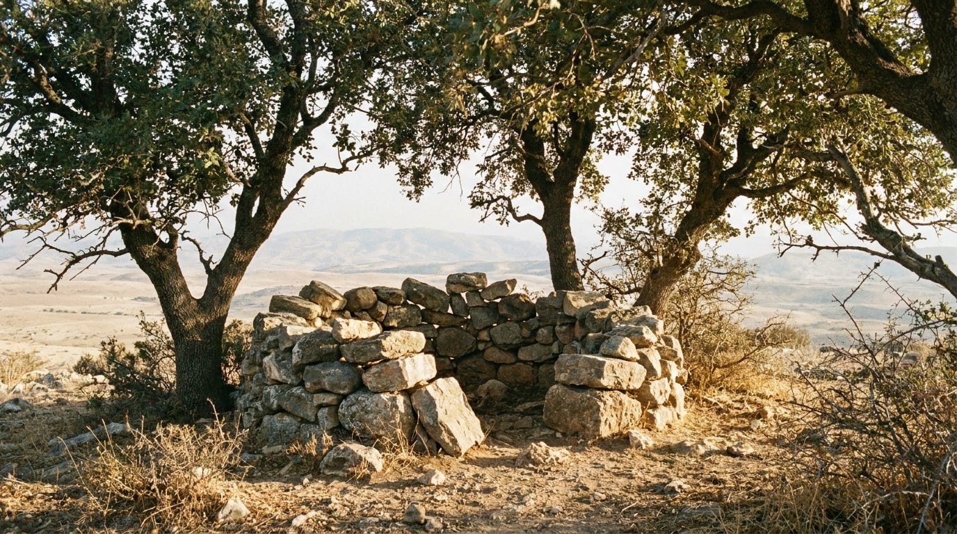 A low pile of rough uncut fieldstones forming a simple altar under two large spreading terebinth trees on a dry ridge at first light, warm gold light through the leaves, a wide pale land opening beyond to distant hills, unstaged documentary landscape, no people, no faces, no text, mid-tones and warm highlights A low pile of rough uncut fieldstones forming a simple altar under two large spreading terebinth trees on a dry ridge at first light, warm gold light through the leaves, a wide pale land opening beyond to distant hills, unstaged documentary landscape, no people, no faces, no text, mid-tones and warm highlights