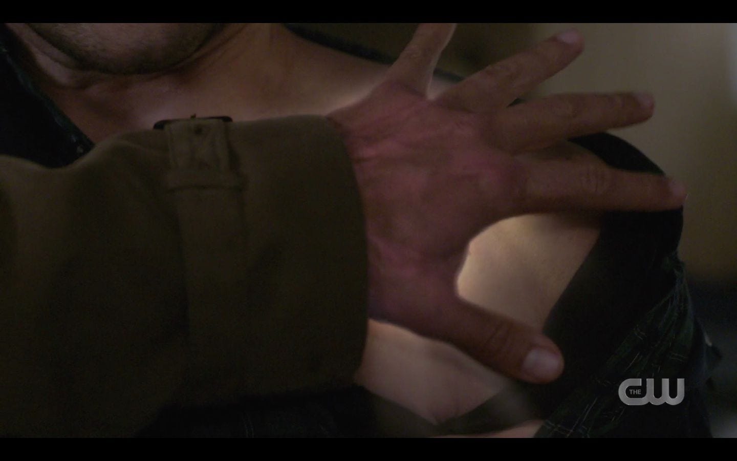 Castiel trying to heal Sam Winchester chest wound bare skin touch Castiel trying to heal Sam Winchester chest wound bare skin touch