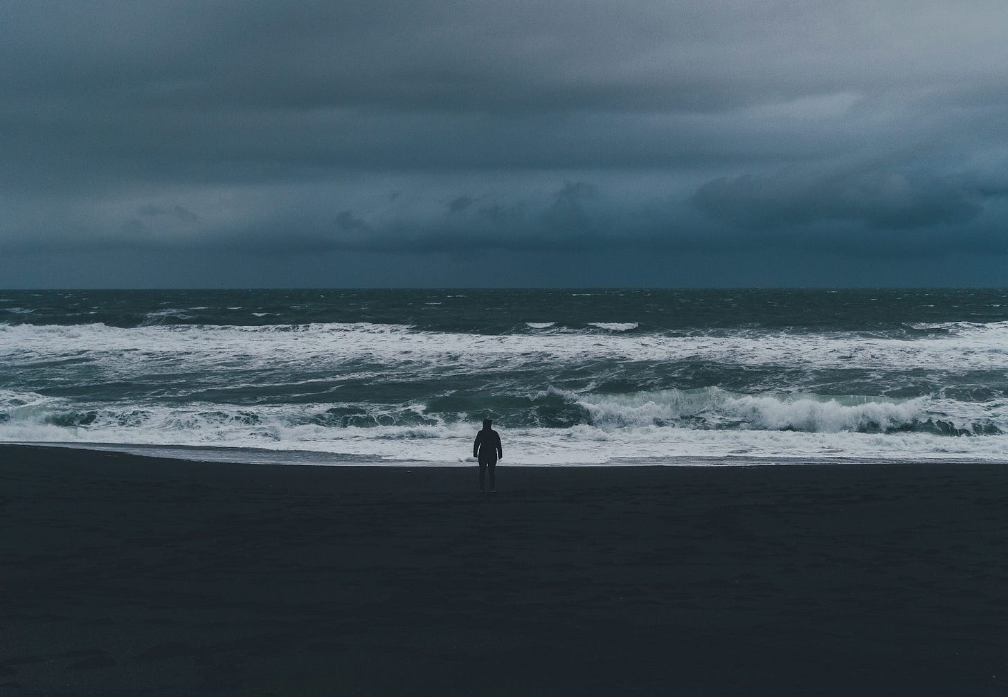 person standing on shore under cloudy sky