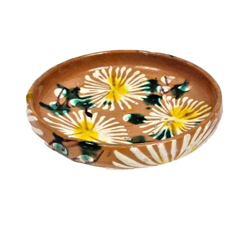 VTG Oaxacan Mexican Pottery Hand Painted Folk Art Bowl White Yellow Flowers 5" - Picture 1 of 6
