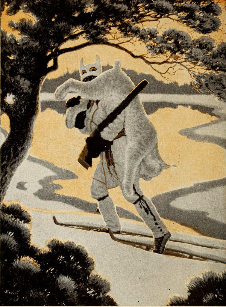 Lynx hunter dressed in white on skis carrying a lynx.