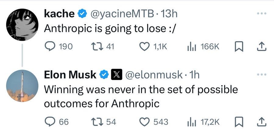 Profile images for kache and Elon Musk. Kache\'s image shows a black silhouette of a person with a white outline. Elon Musk\'s image displays a rocket launching into the sky.