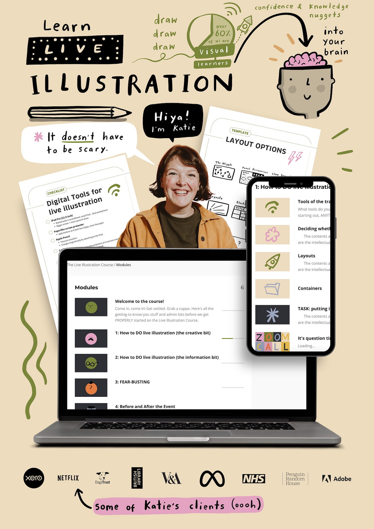 Learn live illustration (a photo of katie and a laptop showing the live illustration course) Learn live illustration (a photo of katie and a laptop showing the live illustration course)